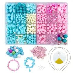 プレゼント 誕生日 クリスマス 記念日 ギフト 収納ケース付き 24種類 (ビーズ-ピンクブルー) 約450個 カチューシャ カラフル 紐通しおもちゃ ネックレス 手作りキット 手芸 ブレスレット 女の子 おもちゃ おもちゃ アクセサリー DIY ビーズ