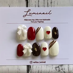 【V1】バレンタイン　チョコレート　リボン　ハート　フレンチガーリー　赤　ジェルネイルチップ