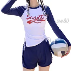 水着 レディース セパレート 長袖ラッシュガード ショートパンツ 2点セット スポーティー M 白 ネイビー アクティブ シンプル 日焼け対策