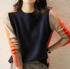 【秋冬クリアランス！！】【送料無料！】レディス　カラー無地切替　クルー（丸首）　セーター＜ネイビー×ベージュ×赤：Ｍサイズ＞【2918】【７ｇｇ　天竺編み　無地切替柄　セーター】【クルーネック　セーター】【ドレスコード：赤】