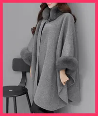 【スタッフおすすめ！】 ファー付きケープコート レディース 韓国 体型カバーアウター/演奏会コート同窓会/パーティー服装女性 ポンチョコート カシミヤウールタッチ  おすすめ おしゃれ　かわいい　人気 80HUASU-001