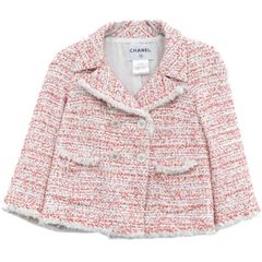 本物 シャネル CHANEL ツイード ジャケット アウター 36 ナイロン ポリエステル シルク ホワイト レッド レディース 衣類 洋服 中古 【フォロー割】