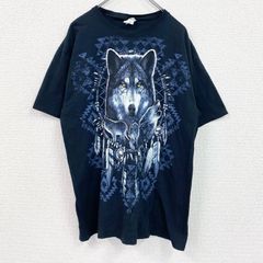 古着 used　FRUIT OF OF THE LOOＭ　半袖アニマルプリントTシャツ　狼　クルーネック　黒　ブラック　Lサイズ