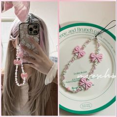 リボンパールプリンセススマホストラップ🏳️‍⚧️phone strap ハンドストラップ リストレット ストラップ バックチャーム BLACKPINK ピンク パープル 紫 ビーズ ribbon 蝶々 オーロラ パステル ポップ カラフル 携帯 スマホ 韓国