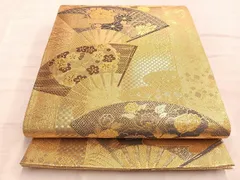 平和屋着物◎佐賀錦　両面六通柄袋帯　扇面草花文　金糸　正絹　逸品　BAAO0394du
