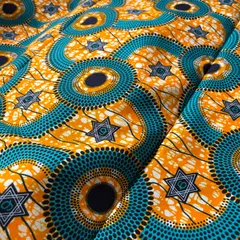 アフリカ布　2ヤード　アフリカンファブリック　アフリカンプリント　アンカラ　カンガ　パーニュ　キテンゲ　生地　布　アフリカ　アフリカン　はぎれ　ハギレ　ハンドメイド　手芸　素材　コットン　カバー　青　きいろ　円　⑩-1