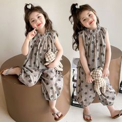 女の子 夏服 上下セット 女児 夏 ドット 子供 3歳~6歳 上下セット お出かけ 涼しい 綿麻 可愛い 2点セット おしゃれ 通園 90-140cm jinrui21