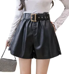 S_ブラック ゴム ハイ ウエスト ベルト付き ショート PU レザー パンツ Aライン 短パン 光沢 柔らか ワイドパンツ