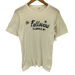 ユーズドフルギ USED古着 70-80S USA製 FRUIT OF THE LOOM ボディ The Fallsview ELLENVILLE ラバープリント S/S Tシャツ シングルステッチ メンズ import：L 