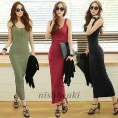 マキシワンピース レディース 無地 タイトワンピ 春 夏 タンクワンピ細身 ノースリーブ タイト インナー Uネック ロングワンピ ミモレ丈 キャミワンピ  vii3y919113