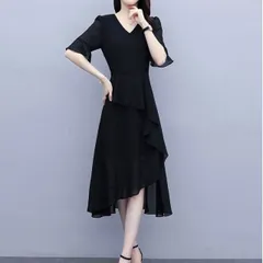 アシンメトリー ティアード 半袖 フォーマル ドレス パーティードレス パーティドレス 結婚式ドレス 結婚式のドレス ミモレ ミモレ丈 袖あり 5分袖 五分袖 フレアスリーブ Vネック Aライン フレア シフォン 透け感  大人可愛い きれいめ シンプル 大人