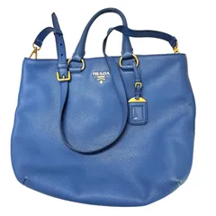 【美品⭐️ PRADA プラダ】 Vitello Phenix ヴィッテロ フェニックス　 トートバッグ　 ショルダーストラップ　 ブルー　 レザー　本革　シボ革　 ワンオーナーユーズド品 （AYA）125091308008AIK