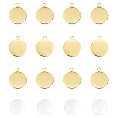 ステンレスチャーム メタルチャーム 台座 ブレスレット作り カメオ台 ステンレス ネックレス用 ステンレス ミール皿 丸皿ベース アクセサリーパーツ ゴールデン ブランクベゼル ペンダントセッティング 手芸 20個対応透明ガラスカボション付き ペンダントベゼル