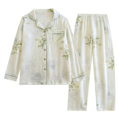 XL_グリーン05 [HEWEAYTA] ガーゼパジャマ レディース 前開き 長袖 - ルームウエア 薄手 二重ガーゼ 春夏秋 部屋着 ボタン付き 上下セット(グリーン05 XL)