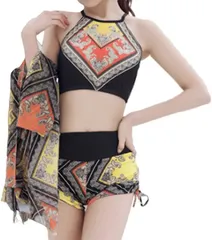 GIVEK タンキニ ３点 セット パレオ 付き レディース 水着 エスニック 柄 ホルターネック 体型 カバー 防水 ポーチ イエローxオレンジ( イエロー/オレンジ,  XL)