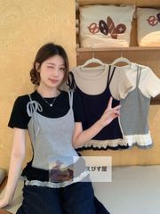 新しい偽のツーピースホルタースプライシング半袖Tシャツトップス