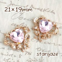 【 3個 】 21×19mm ハート唐草文様 センターパーツ ストーン ビジュー ライトピンク×ゴールドフレーム