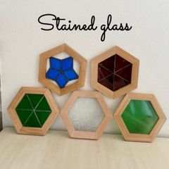 人気★ステンドグラスコースター六角形飾りガラス×木パネルディスプレイガラスインテリア雑貨
