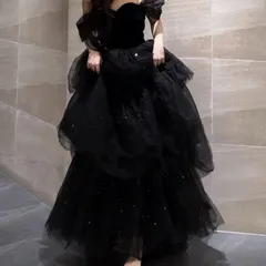 【新品 未使用】2026新作 高品質ウエディングドレス  Aライン 前撮り 半袖 ドレス ブラック パフスリーブ 袖 ボリューム オフショル 結婚式 お洒落  韓国 