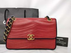 希少‼️シャネル　CHANEL チェーンショルダー　赤　ブルー　波ステッチ　マリン　RK