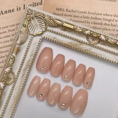⑤【ネイルチップ】ジェルネイル 春ネイル ヌーディーカラー ピンクベージュ ストーン オフィスネイル 大人ネイル 可愛い サイズ変更可 オーダー受付中