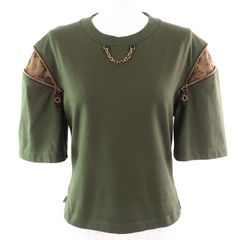 極美品△LOUIS VUITTON ルイヴィトン コットン100％ 一部シルク モノグラム ジッパースリーブ クルーネック 半袖Ｔシャツ カーキ XS イタリア製 正規品 レディース