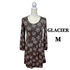M【 GLACIER （ グラシア ）】花柄フレアワンピース Mサイズ ブラウン×ホワイト 長袖 プルオーバー 前面汚れあり 春秋冬 カジュアル 大人可愛い リゾート KKB-10