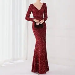 総スパンコールのVネック 長袖 スリット入りイブニングドレス