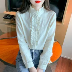 フリルシャツ ブラウス レディース スタンドカラー フリル 立ち襟 2type 長袖トップス シャツ 体型カバー 春 秋 オフィス 無地 シンプル カジュアル きれいめ おしゃれ 通勤 通学 レディースファッション nini01