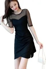 あすなろbox ワンピース レディース ドレス タイト ミニ丈 ストライプ シースルー袖 上品 パーティー 二次会 キャバ 通勤 オフィス(ブラック,  L)