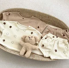 夏子供服可愛いワッフル生地セットアップ