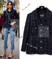 91万 シャネル ジャケット CHANEL ダークネイビー ブラック 黒 紺 ウール ツイード カール・ラガーフェルド 超美品 希少サイズ 44 ランウェイ登場