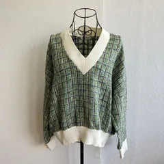 ザラ ZARA ニット セーター ツイード編み Vネック チェック柄 プルオーバー 総柄 マルチカラー