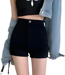 Belle Iza Bella デニム ジーンズ ショート パンツ レディース ボトムス 無地 ジーパン 短い ズボン デニムパンツ 薄手 スリム シンプル かわいい(ブラック,  L)