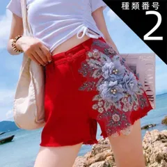 種類2：ブラック/M ビジュー 花モチーフ デニム ショートパンツ ボトムス パンツ デニムパンツ ミニ ミニ丈 ショート ショート丈 レース 刺繍 ファスナー ポケット デニム かわいい 大人可愛い カジュアル おしゃれ お洒落 かっこいい こなれ感 ラフ 