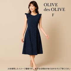AB0457 OLIVE des OLIVE ドット柄ワンピース フリル袖 ネイビー系 フリーサイズ ガーリー 春 夏