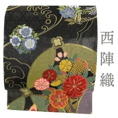 袋帯 中古 リサイクル 正絹 黒 唐織 花の丸 撫子 桔梗 桜 波 蝶 金糸 仕立て上がり 礼装用 セミフォーマル 成人式 振袖 六通 No.i6-1950