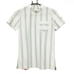 【超美品】プーマ 半袖ハイネックシャツ 白×グレー ストライプ バックジップ レディース M ゴルフウェア PUMA