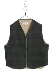 【お得なクーポン配布中!】 80s USA製 エルエルビーン チェック ウール ベスト メンズ L ヴィンテージ 裏 ボア パイル フリース ライナー付き フルジップ 重ね着 黒 緑