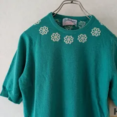 80s【BALLANTYNE】スコットランド製 花モチーフカシミヤ半袖ニット エメラルドグリーン サイズ38 used レディース古着のサムネイル