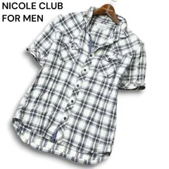 NICOLE CLUB FOR MEN ニコルクラブ フォーメン 襟袖ワイヤー★ 麻 リネン混 半袖 チェック ウエスタン シャツ Sz.46 メンズ