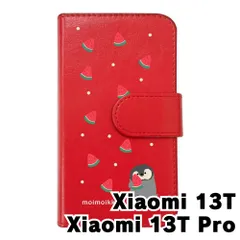 【新品未使用】Xiaomi 13T Xiaomi 13T Pro シャオミ スマホケース 手帳型 (色：レッド×柄：ペンギンとスイカ)moimoikka ペンギン 動物 flip2-xiaomi13t-rd-20139
