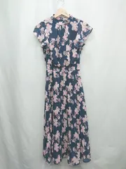 ◇ LANTINAM ウエストゴム　プリーツスカート　花柄　上品 半袖 ロング丈 ワンピース サイズS ネイビー系 レディース E  【1505130000405】