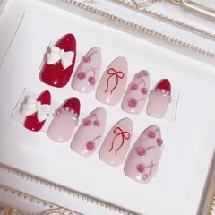 6 ネイルチップ ガーリー バレエコア さくらんぼ リボン 赤 ピンク