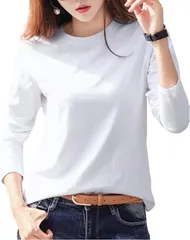 Fiorior フィオリア カットソー 長袖 Tシャツ トップス 無地 クルーネック 丸首 シンプル ロンT 楽ちん レディース( ホワイト,  M)