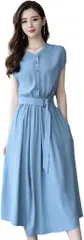 blue beryl ワンピース レディース Aライン ミモレ丈 ウエストベルト シフォン フレンチスリーブ ノーカラー BB003(ライトブルー,  M)
