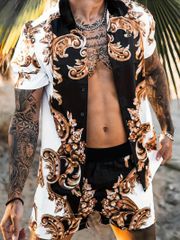 半袖シャツセットアップ ハーフパンツ 上下 053 柄シャツ 大きいサイズ ヤクザ ヤンキー オラオラ系 悪羅悪羅 服 メンズ ファッション