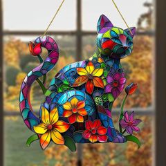 壁掛け ステンドグラス サンキャッチャー 猫 キャット 猫と花 カラフル フラワー 2Dアート 屋外 屋内 庭 綺麗 可愛い