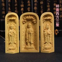 Wooden Buddhist statue, boxwood, triple Kannon statue, Dainichi Nyorai, miniature Buddhist altar, Buddhist altar decoration, good fortune, protection from evil, art, craft, lucky charm, increased wealth, ornament, Shoun Seiho Sansei