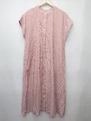 ◇ ⊂ GLOBAL WORK ストライプ フレンチスリーブ 膝下丈 シャツ ワンピース サイズF レッド　ホワイト レディース P  【1408200034310】